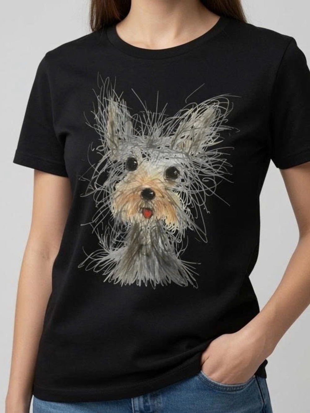 Black Tee with Gray and Tan Yorkie Sketch